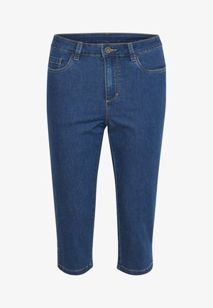 Tumed sinine denim capri püksid, sirge lõikega, ees taskud ja kollane õmblus. Omab nupukinnitust ja ääred on triikitud.