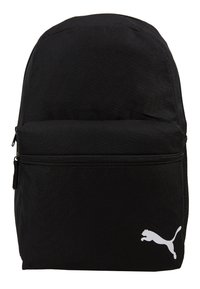 Zaino in tessuto nero con parte superiore arrotondata, dotato di tasca con zip frontale e logo Puma bianco sul lato destro in basso.
