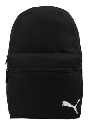 Zaino in tessuto nero con parte superiore arrotondata, dotato di tasca con zip frontale e logo Puma bianco sul lato destro in basso.