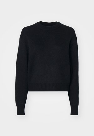 Schwarzer, kurz geschnittener Pullover mit Rundhalsausschnitt, langen Ärmeln, strukturierter Strickware sowie gerippten Bündchen und Saum. Einfaches und modernes Design.