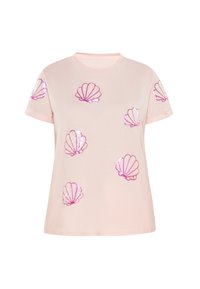 Lyserød bomulds t-shirt med palietbesatte muslingemønstre i forskellige størrelser på forsiden. Korte ærmer og rund halsudskæring.