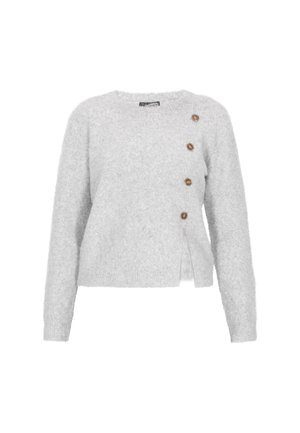 Jasnoszary sweter z miękkiego materiału, z okrągłym dekoltem, długimi rękawami i trzema drewnianymi guzikami po boku.