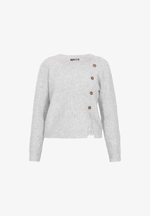 Jasnoszary sweter z miękkiego materiału, z okrągłym dekoltem, długimi rękawami i trzema drewnianymi guzikami po boku.