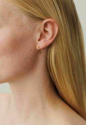 Nærbillede af en persons venstre øre med lige blondt hår, iført en lille guldring som ørering.