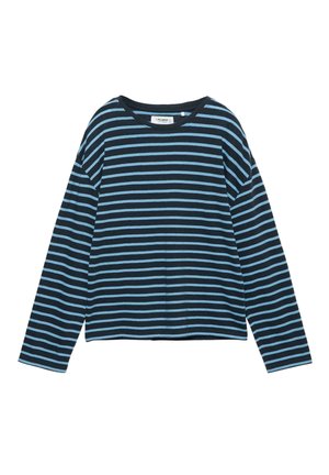 Cămașă cu mânecă lungă, cu dungi orizontale bleumarin și bleu deschis și guler rotund, așezată plat pe un fundal alb.