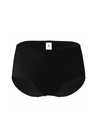 Schwarze nahtlose Damenunterwäsche mit hohem Bund und einem kleinen weißen Etikett am Bund, präsentiert auf einem weißen Hintergrund.