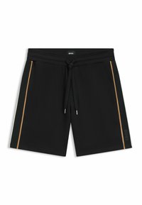 Zwarte shorts met een elastische tailleband en trekkoord, met gouden en witte gestreepte accenten aan de zijkanten en een logo op de zoom.