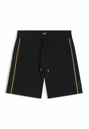 Black shorts with an elastic waistband and drawstring, featuring gold and white striped accents on the sides and a logo on the hem.