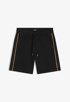 Shorts noirs avec une taille élastique et un cordon de serrage, présentant des accents rayés dorés et blancs sur les côtés et un logo au bas.