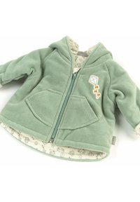 Felpa in pile verde con zip frontale, due tasche anteriori e un rivestimento a fantasia che presenta aquiloni e case. Include un accento con design di aquilone.