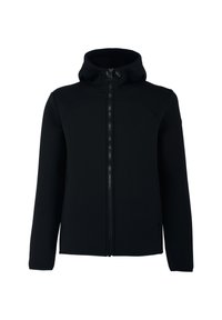 Felpa nera con zip, realizzata in tessuto morbido, con colletto alto, cordini regolabili sul cappuccio e due tasche laterali.