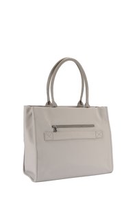 Sac fourre-tout texturé gris clair avec des poignées doubles, doté d'une poche zippée à l'avant et d'une surface lisse. Comprend des détails de couture minimalistes.