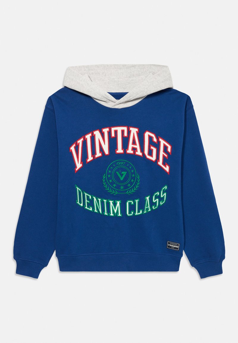 Niebieska bluza z kapturem w szarym kolorze. Zawiera wyrazisty tekst w kolorze czerwonym i zielonym: "VINTAGE DENIM CLASS" oraz grafiki. Miękki materiał, ściągacze przy rękawach i na dole.
