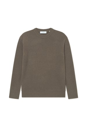 Ribbed knit sweater in earthy brown color, featuring a crew neckline and long sleeves, with a textured finish and subtle branding tag.