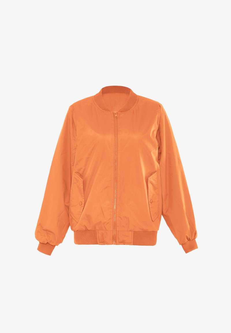 Oranger Bomberjacke mit Reißverschluss, geripptem Kragen und Bündchen sowie Seitentaschen, aus glattem, leichtem Material hergestellt.