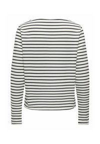 Chemise blanche à manches longues avec des rayures noires horizontales uniformément espacées, vue de dos.
