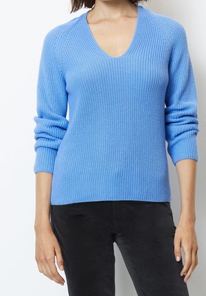 Kvinde iført en lyseblå strikket V-neck sweater med lange ærmer og sorte bukser, stående mod en ensfarvet baggrund.