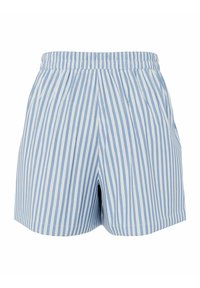 Shorts bleu clair avec des rayures verticales blanches, taille élastique et poches latérales, présentés sur fond blanc.