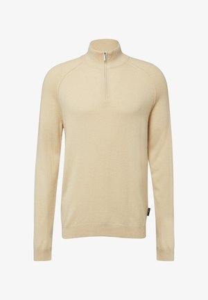 Beige sweater met kwartritssluiting, gemaakt van zachte stof, met raglanmouwen en geribde manchetten en zoom, voorzien van een logotag linksonder.