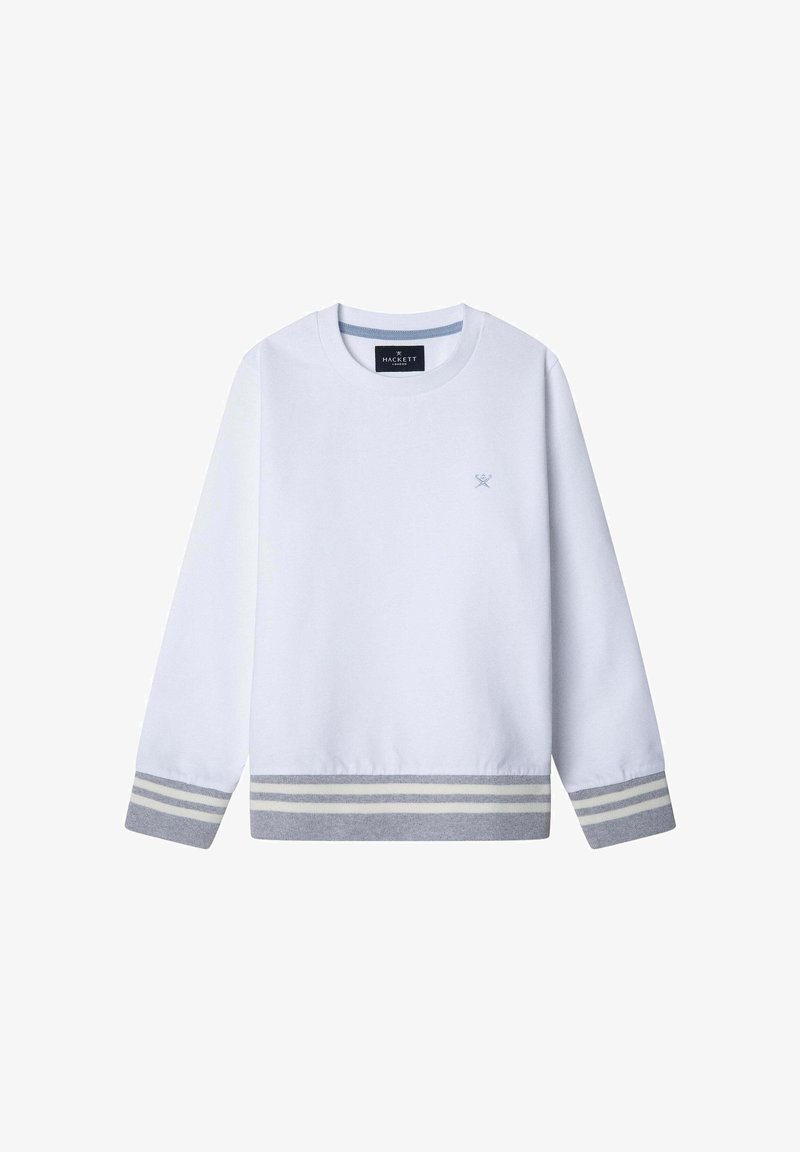 Sweatshirt blanc à manches longues, avec des poignets et un ourlet côtelés, présentant des rayures grises et blanches. Petit logo bleu clair sur la poitrine. Matériau en coton.
