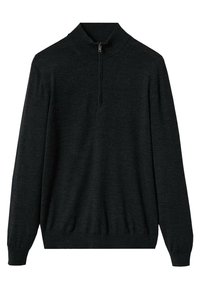 Czarny sweter typu pulower z wysokim kołnierzem i zamkiem na ćwiartkę. Wykonany z teksturowanego dzianinowego materiału, z długimi rękawami i luźnym krojem.
