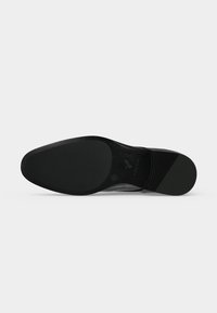 Semelle de chaussure habillée noire avec une prise texturée sur l’avant et le talon, vue de dessous sur un fond clair uni.