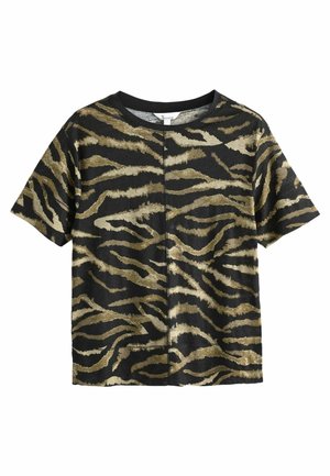 T-shirt noir à manches courtes avec motif rayures de tigre marron et beige, col rond sur fond blanc.