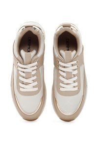 Beige and white sneakers with quilted synthetic upper, gold hardware accents, white laces, and padded ankle support.