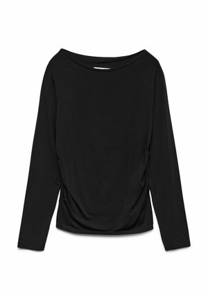 Haut noir à manches longues avec un large décolleté, des détails froncés sur le côté et une texture lisse et douce. Pas de matériel ou de motifs visibles.