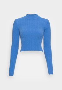 Maglione a collo alto in maglia blu a coste con maniche lunghe e design corto. Texture morbida con motivo verticale su tutta la superficie.