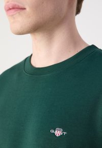 Groene sweatshirt van zacht materiaal, met ronde hals en een klein geborduurd logo op de borst, met rode en witte accenten.