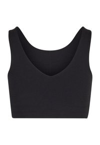 Svart, ermeløs crop top med V-hals, laget av et glatt, stretchy stoff. Enkelt design uten synlige mønstre eller detaljer.