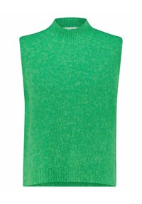 Chasuble tricotée sans manches vert vif avec un col rond côtelé haut et un tissu texturé.