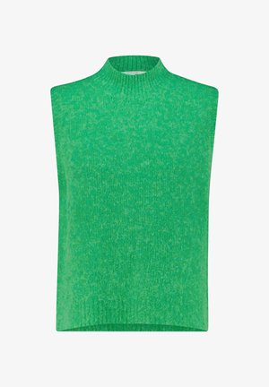 Chasuble tricotée sans manches vert vif avec un col rond côtelé haut et un tissu texturé.