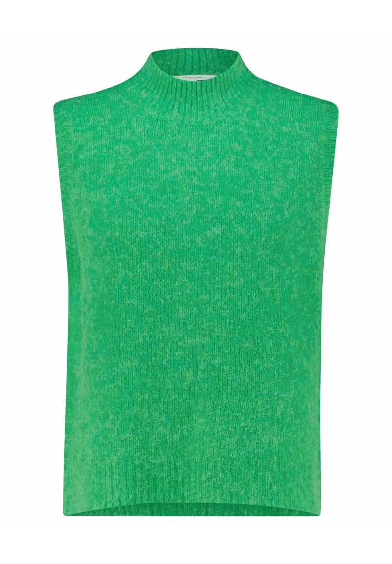 Chasuble tricotée sans manches vert vif avec un col rond côtelé haut et un tissu texturé.