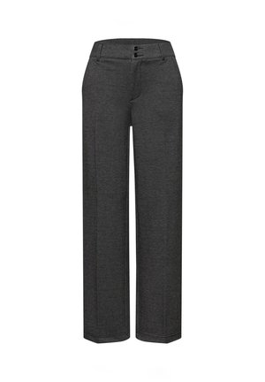 Grijze wijde broek van gestructureerde stof, met een vlakke voorkant en twee zwarte knopen en zij naden. Minimalistisch ontwerp.