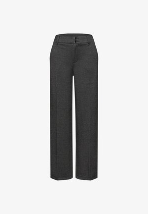 Graue weit geschnittene Hose aus strukturiertem Stoff, mit flachem Vorderteil, zwei schwarzen Knöpfen und Seitennähten. Minimalistisches Design.