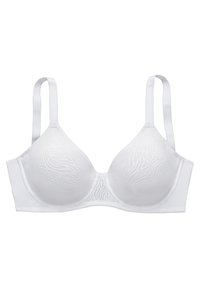 Balts krūšturis ar gludām, veidotām kausēm, kurām ir smalks teksturēts raksts. Plānas regulējamas siksnas un viegla auduma. Aizmugures aizdare.