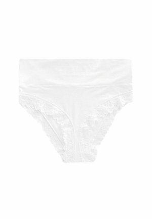 Chiloți albi din bumbac cu un tiv din dantelă pe margini. Au un finisaj neted și un elastic la talie pentru confort și potrivire.