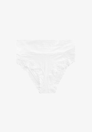 Witte katoenbroekjes met een kanten rand langs de randen. Heeft een gladde afwerking en een elastische tailleband voor comfort en een goede pasvorm.