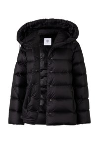 Sort pufferjakke med hætte, med en quiltet design, blank finish, trykknapper og snoretræk. Indersiden er foret.