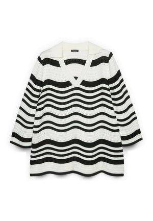 Suéter de punto blanco con rayas onduladas horizontales negras, cuello en V, cuello y mangas tres cuartos, mostrado plano sobre fondo blanco.