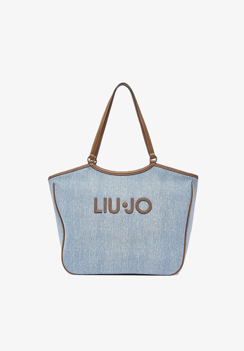 Light blue denim tote bag with brown leather trim and handles, featuring "LIU · JO" logo on the front.