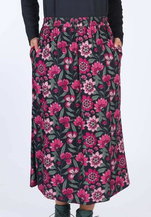 Blumen-Midirock mit schwarzem Grundton, der mit pinken und weißen Blumen bedruckt ist, elastischem Taillenbund und seitlichen Taschen. Der Stoff wirkt glatt.