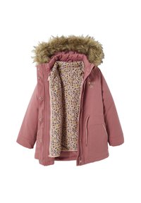 Pink outerwear coat with a faux fur hood, a floral patterned inner lining, snap buttons, and two side pockets. Machine washable material.