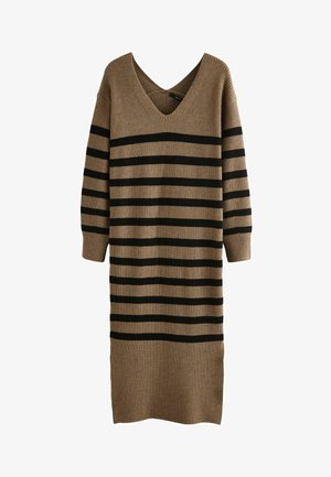 Neulemekko, jossa on V-pääntie, pitkät hihat ja vaakasuoria mustia raitoja vaaleanruskealla taustalla. Ribborakenteinen koko mekko suorassa leikkauksessa.