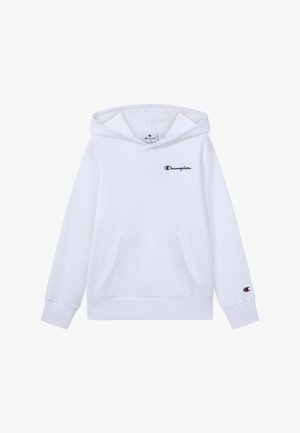Biała bluza z kapturem z kieszenią kangurka, regulowanym kapturem i haftowanym czarnym logo na piersi oraz małym logo na rękawie.