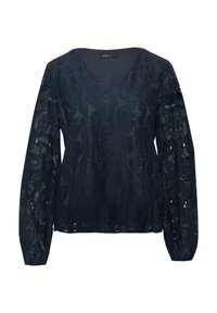 Blusa a maniche lunghe blu navy con scollatura a V, caratterizzata da dettagli in pizzo intricato e un fit rilassato. Tessuto leggero con un design testurizzato.