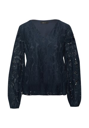 Dunkelbluse mit langen Ärmeln und V-Ausschnitt, die über feine Spitzenverzierungen verfügt und eine lockere Passform bietet. Leichtes Gewebe mit strukturiertem Design.