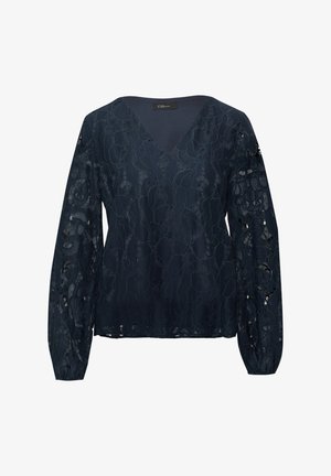 Dunkelbluse mit langen Ärmeln und V-Ausschnitt, die über feine Spitzenverzierungen verfügt und eine lockere Passform bietet. Leichtes Gewebe mit strukturiertem Design.